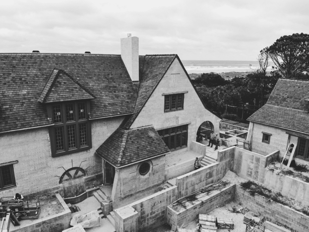 Drone photo above an in progress tile roof by the beach