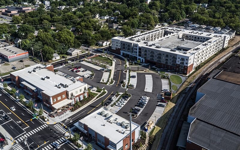 Aerial view of apartment complex and shopping center in Nashville, TN