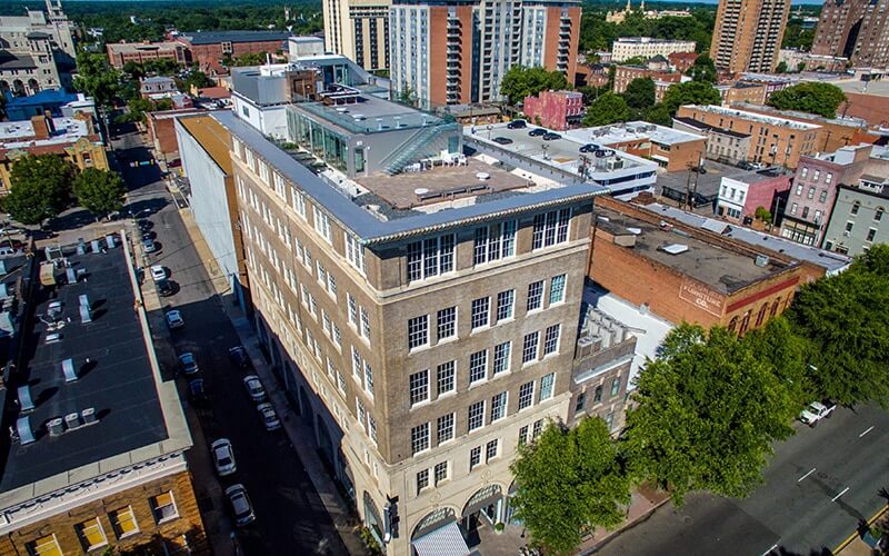Aerial view of the Quirk Hotel roof in Richmond, Virginia