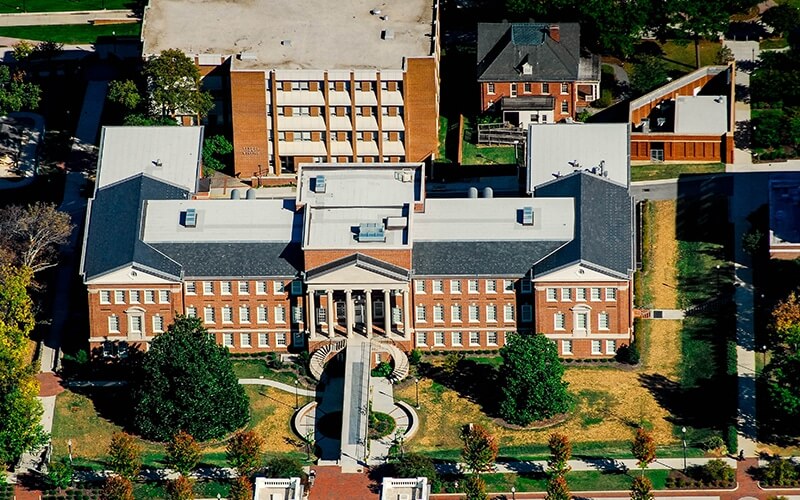 Aerial view of the Petty Building atUNC Greensboro
