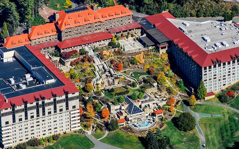 Aerial view of luxury hotel resort in Asheville, NC