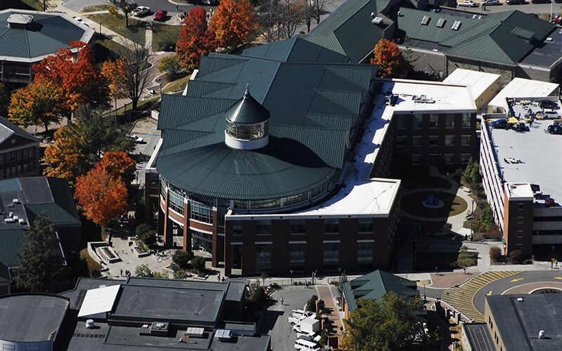 Aerial view of a metal roof on a college campus library