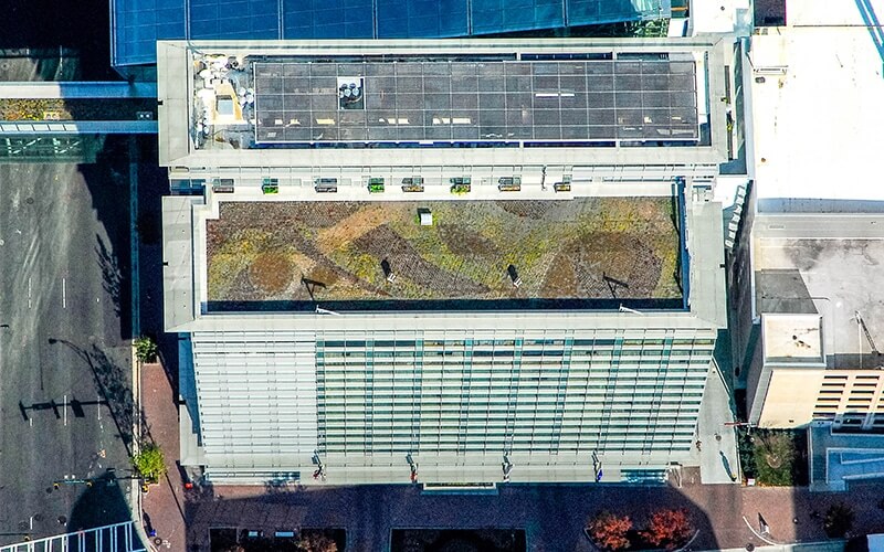 Aerial view of vegetative patio roof on hotel in uptown Charlotte, NC