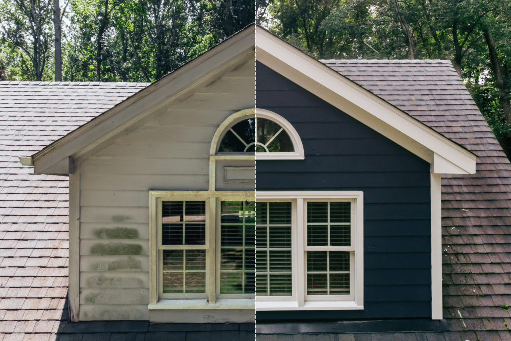 Side-by-side comparison of before and after a home siding project