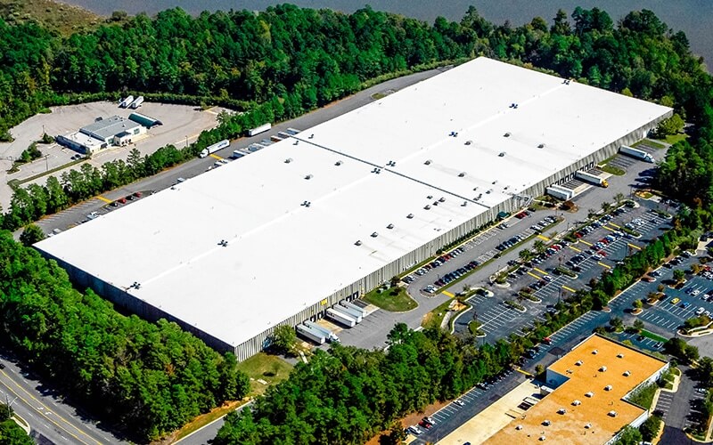 Aerial view of large warehouse in Research Triangle Park in Raleigh, NC