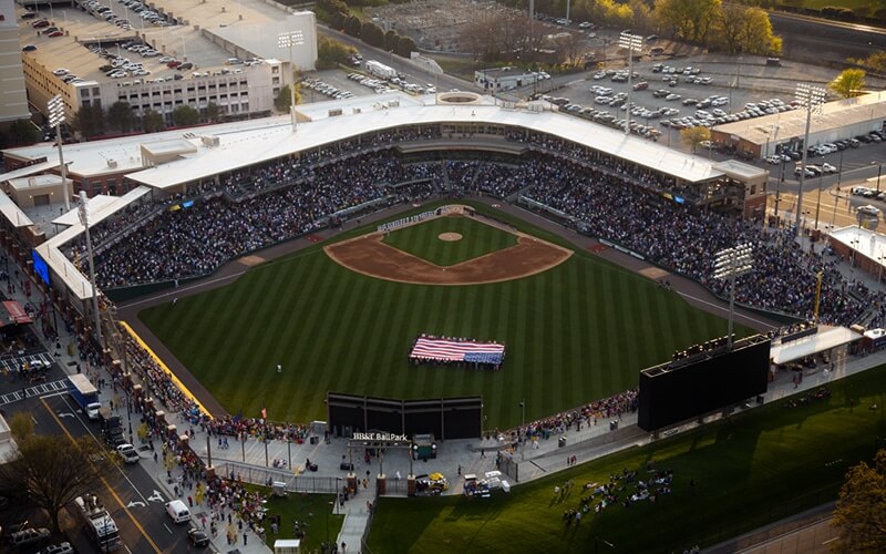 Aerial view of a minor league baseball stadium in Charlotte, NC