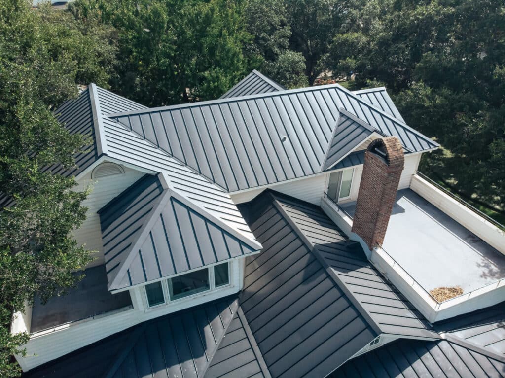 A grey metal roof