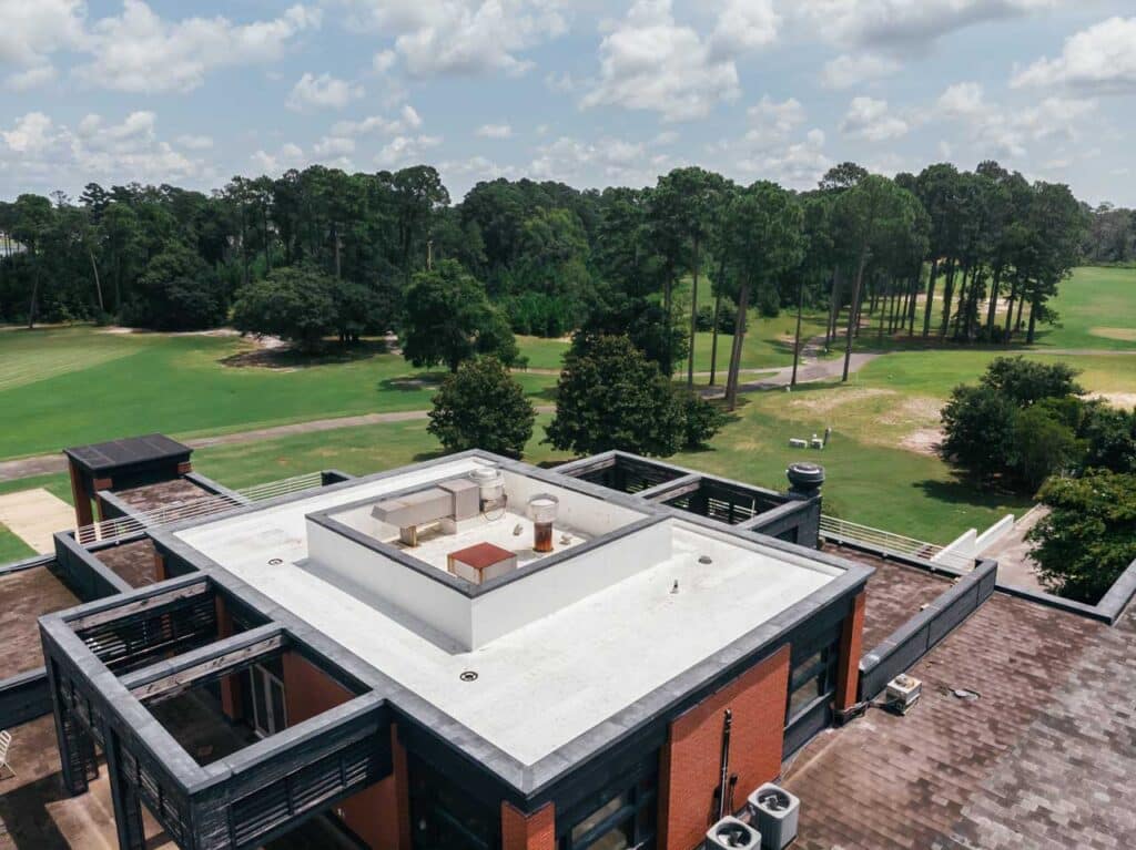 Aerial view of a golf course clubhouse