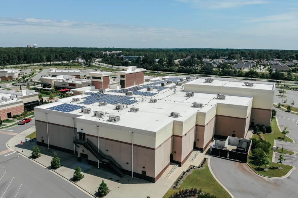 aerial shot of large building with TPO roof