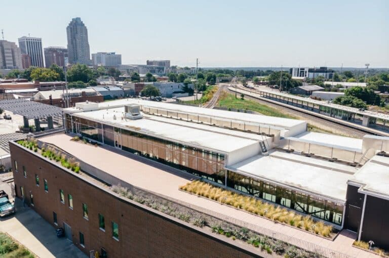 aerial photo of garden roof with pavers at raleigh union station