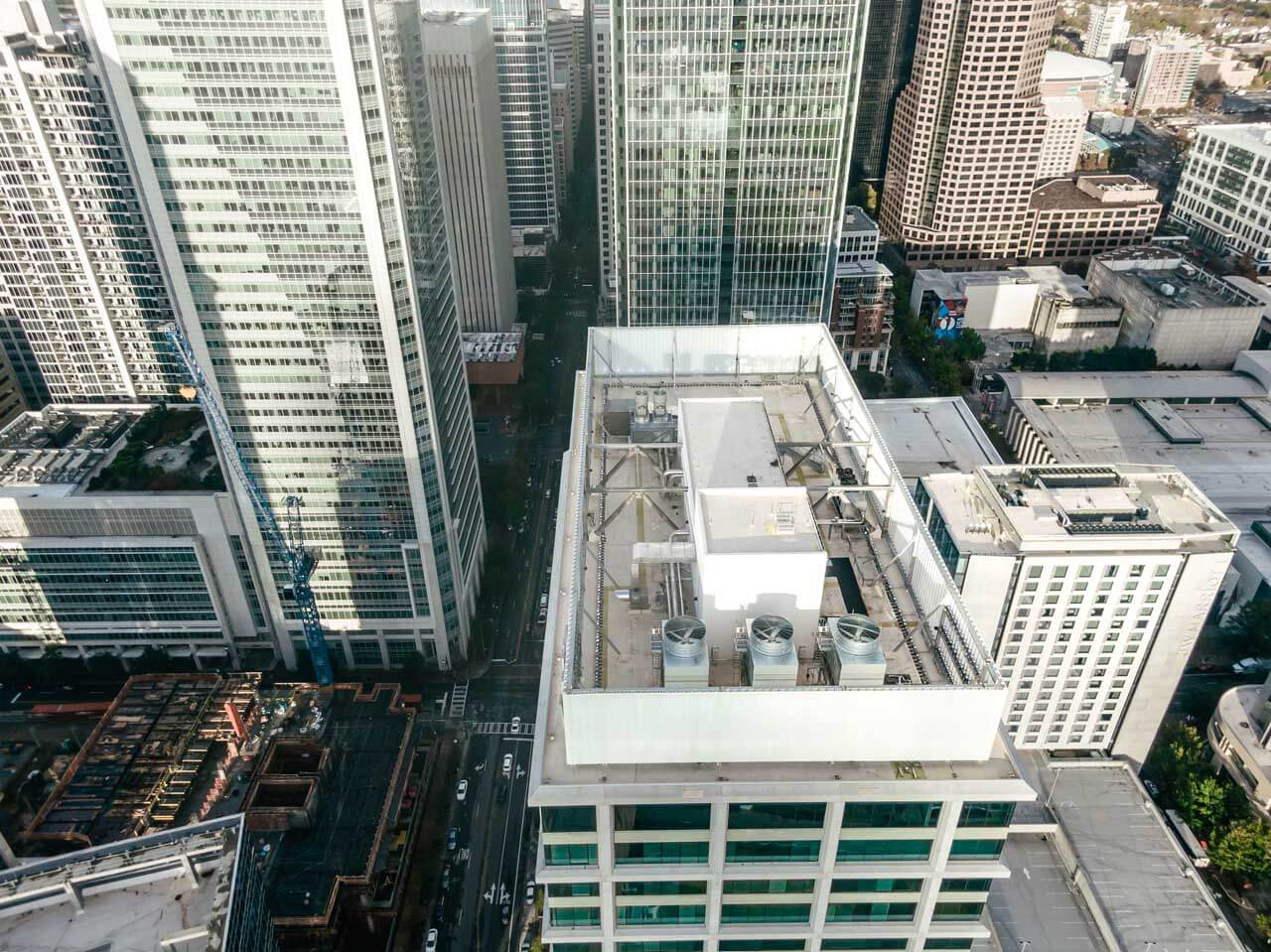 Aerial view of a building's roof in uptown Charlotte, NC.