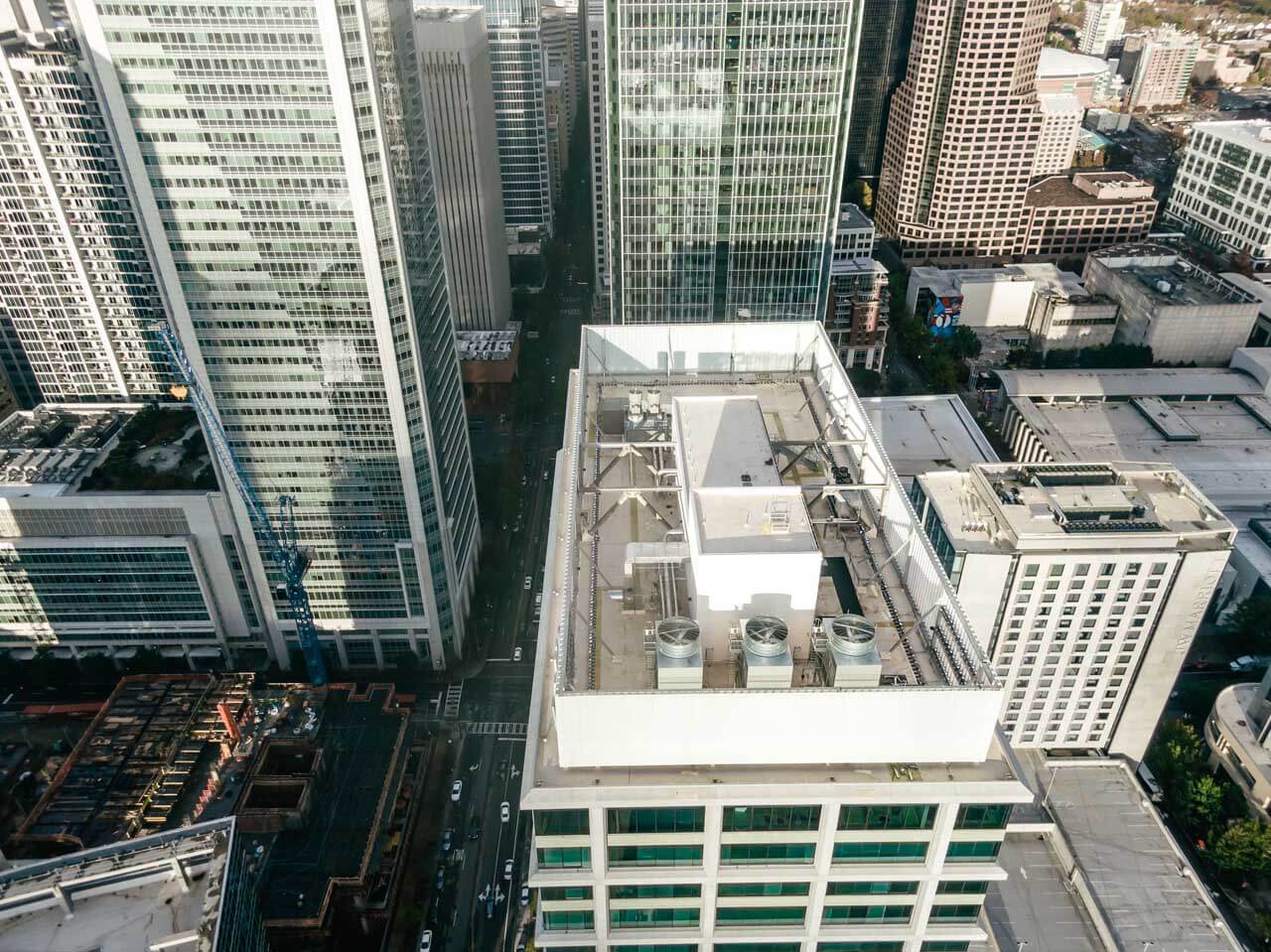 Aerial view of a building's roof in uptown Charlotte, NC.
