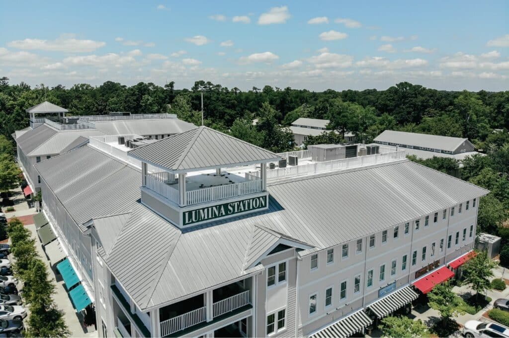 aerial of commercial silver metal roof