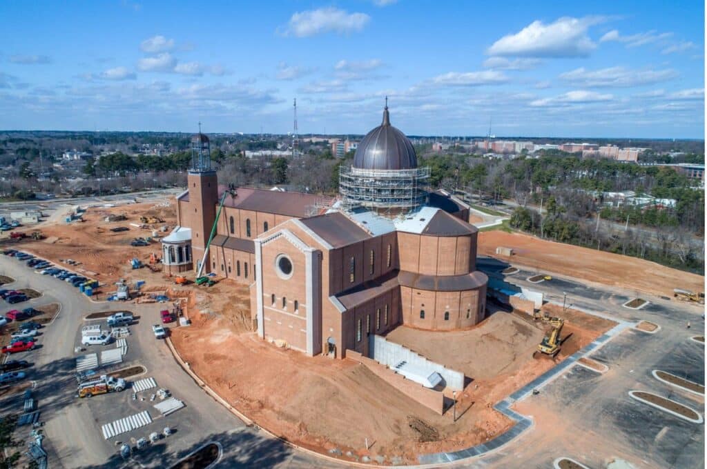 aerial shot of holy name of jesus cathedral raleigh north carolina