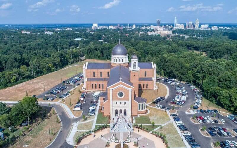 aerial of holy name of jesus cathedral in raleigh nc