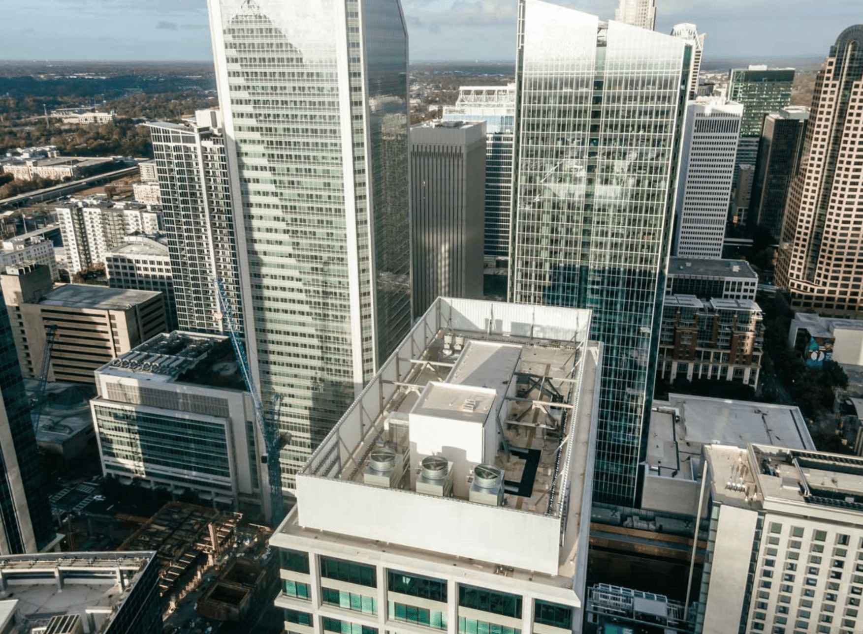 aerial view of downtown charlotte with a re-roof system installed
