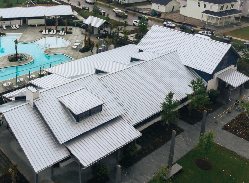 aerial photo of silver metal roof