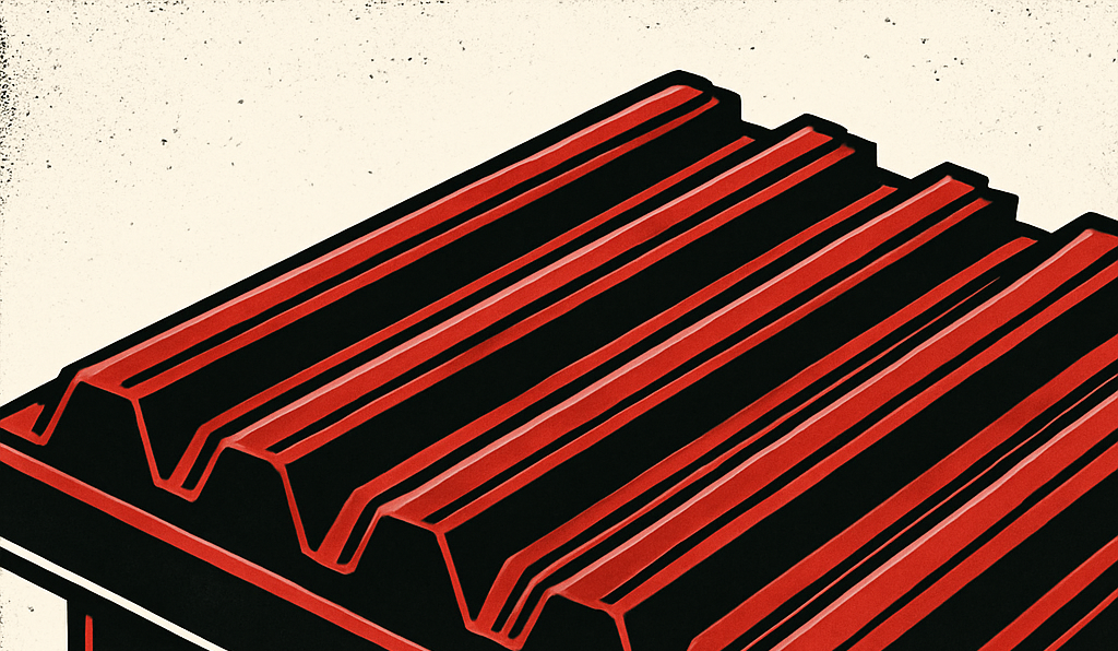 Stylized red and black illustration of corrugated metal roof decking resting on an open-web steel joist.