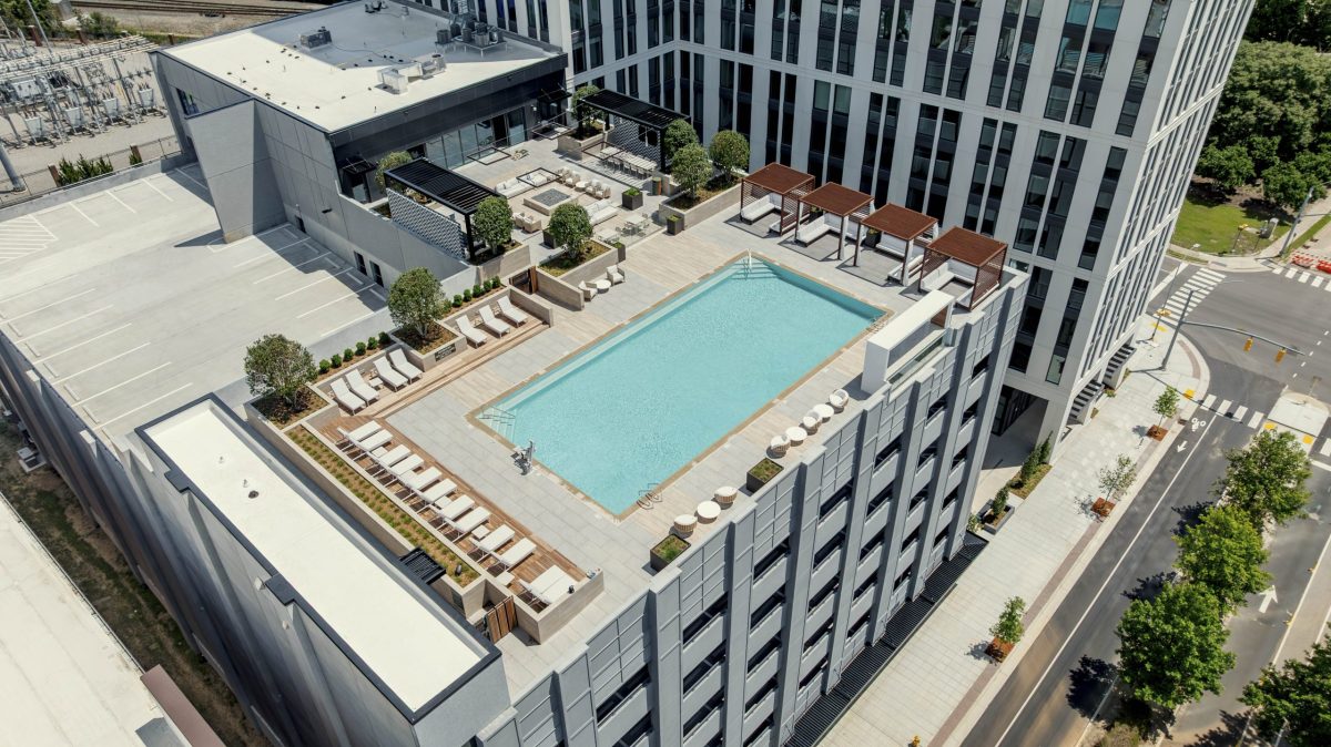 drone view of an apartment complex roof