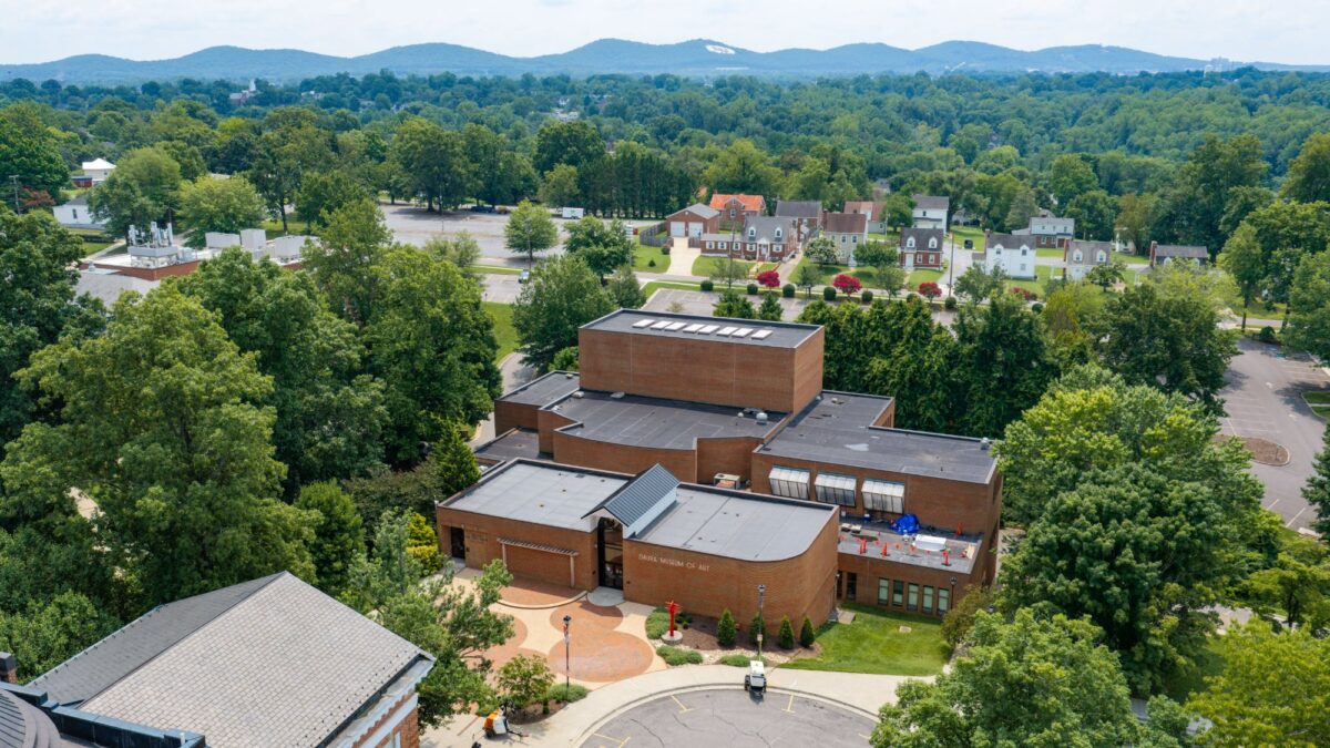 Aerial view of the Dillard building and Daura Museum of Art at the University of Lynchburg in Lynchburg, VA during the EPDM roof replacement