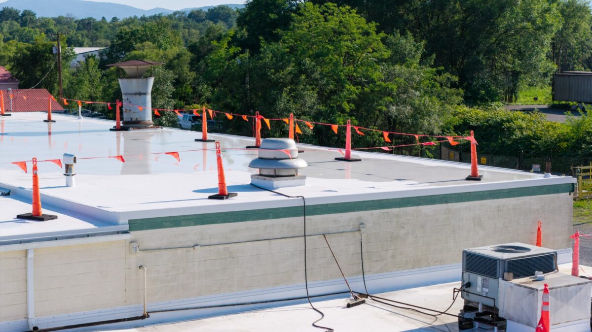 White 60 mil TPO recover roof on the Burwell Material Handling industrial facility in Roanoke, VA