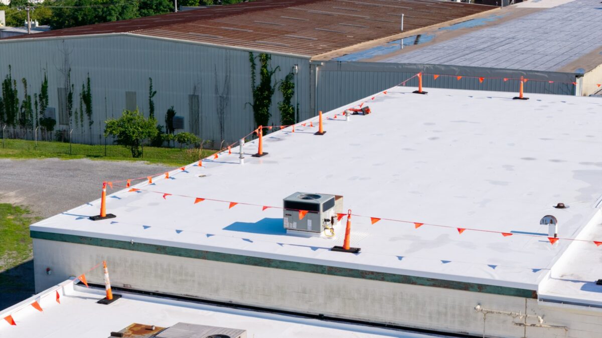 Aerial view of the new TPO roof recover on the Burwell Material Handling building in Roanoke, VA