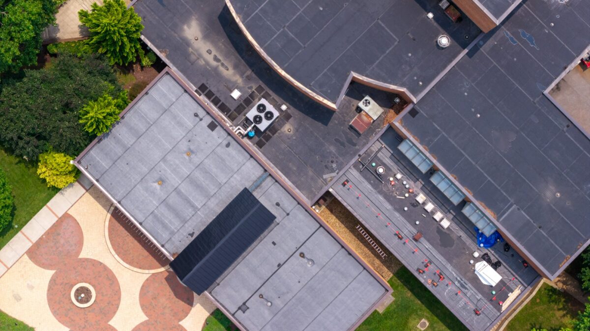 Overhead view of EPDM roof replacement in progress on the Dillard building at the University of Lynchburg in Lynchburg, VA