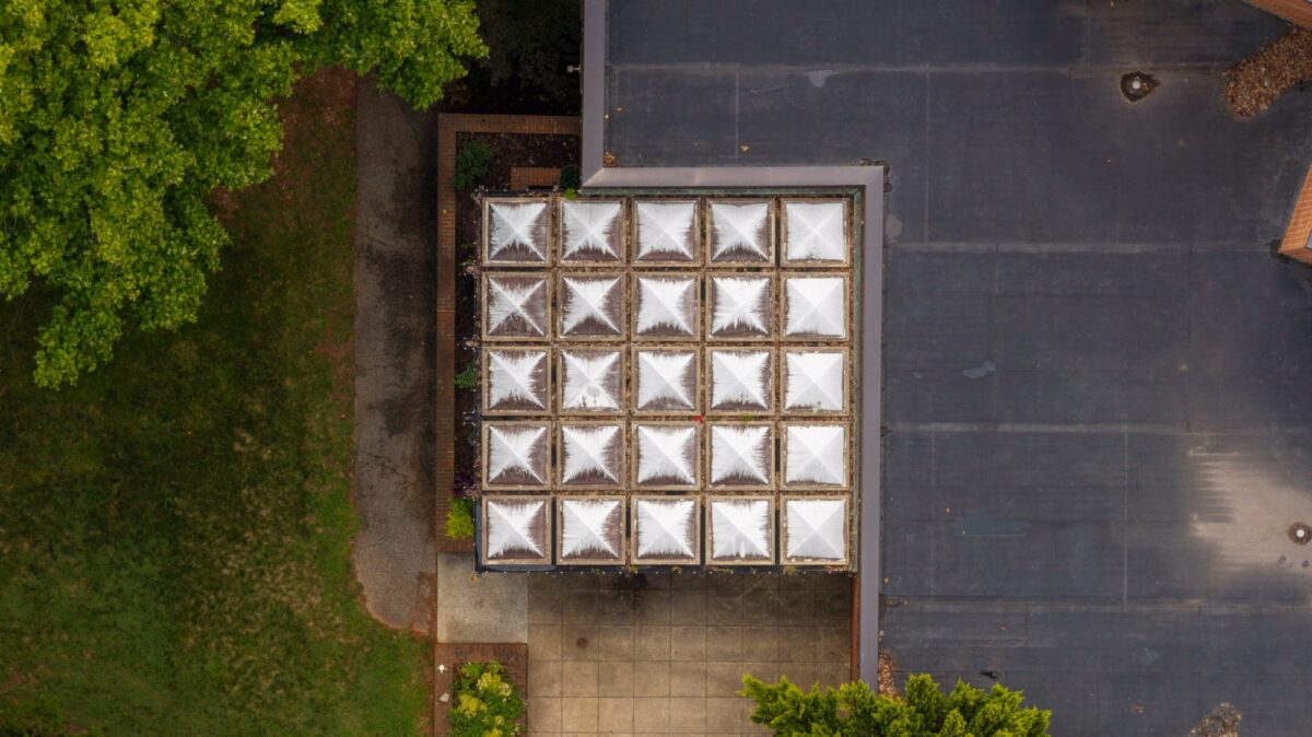 Pyramid skylights beside the EPDM roof on the Dillard building at the University of Lynchburg in Lynchburg, VA