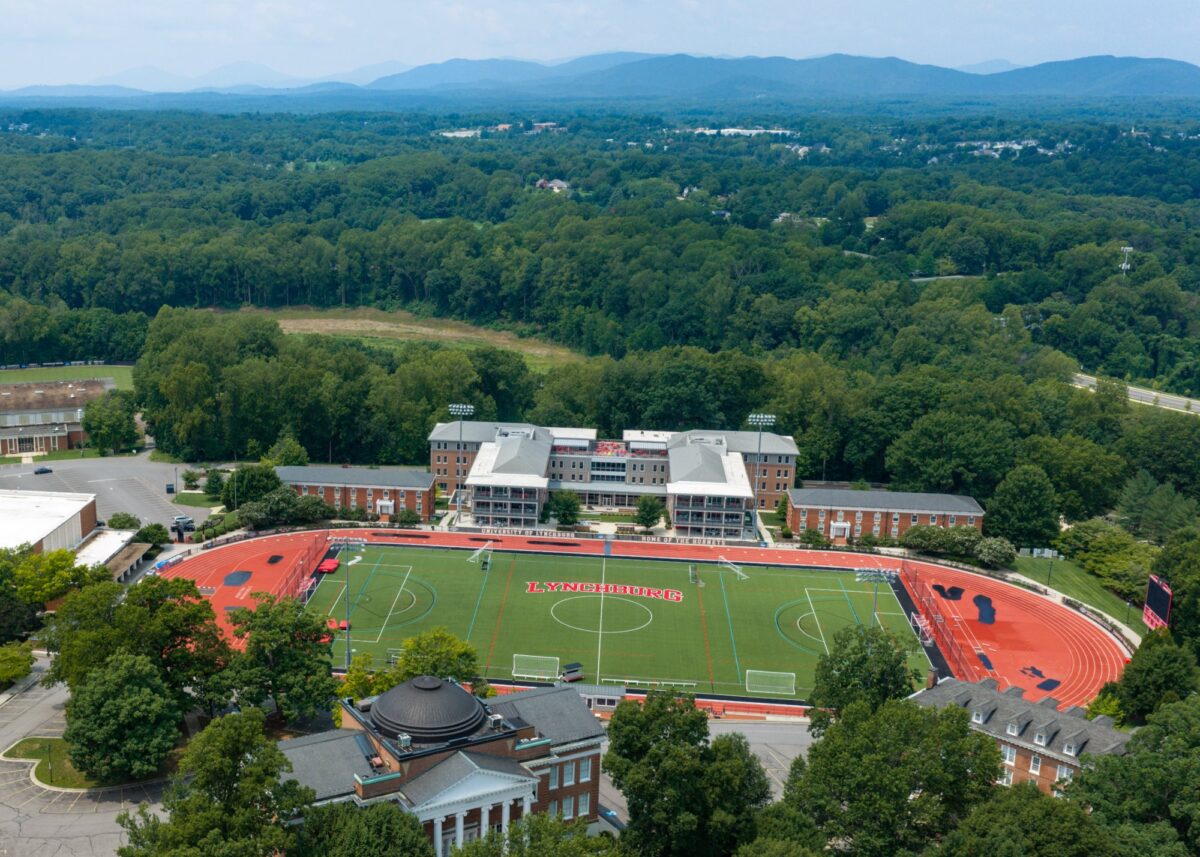 Aerial view of the University of Lynchburg campus and athletic fields in Lynchburg, VA