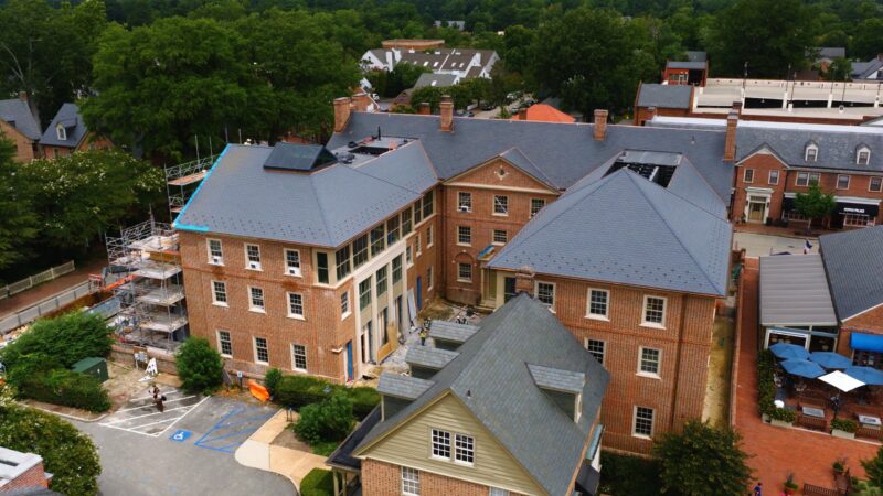 Aerial view of the new slate and copper roof on Gates Hall at William & Mary in Williamsburg, VA