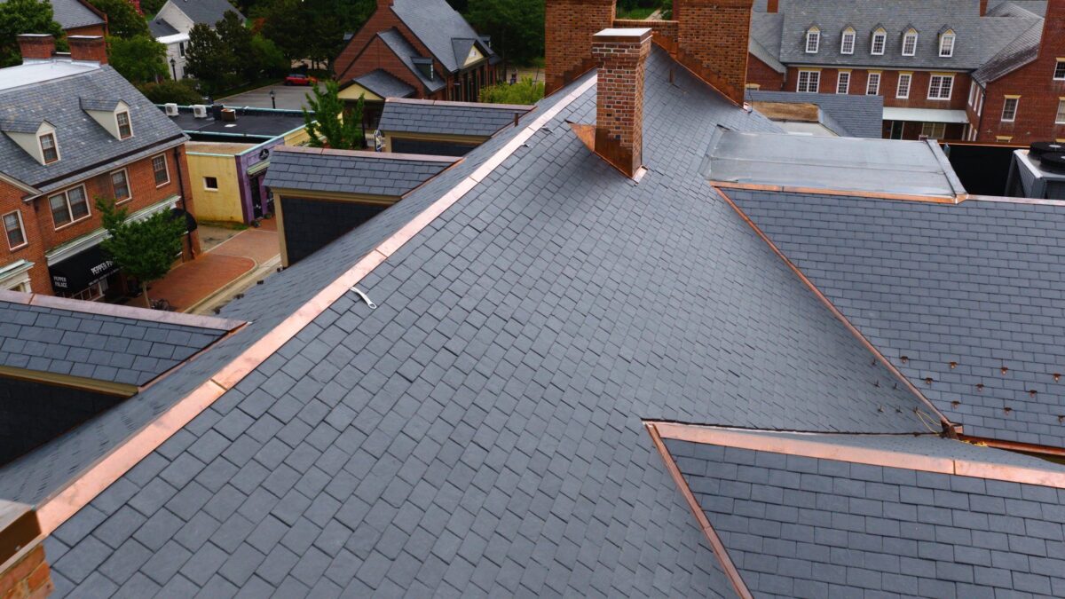 Copper ridge and valley flashing on the slate roof of Gates Hall at William & Mary in Williamsburg, VA