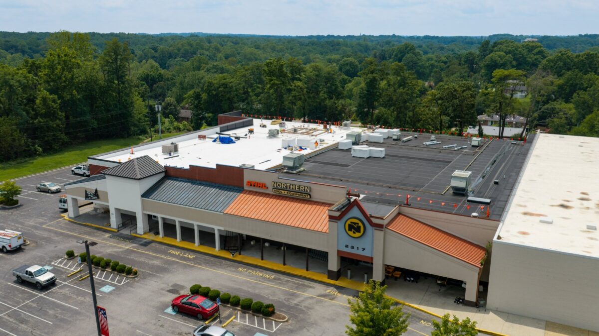 Aerial view of the Lynchburg, VA retail center during the Boot Barn TPO roof recover