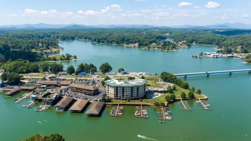 Aerial view of Bridgewater Pointe on Smith Mountain Lake in Moneta, VA after its TPO roof replacement