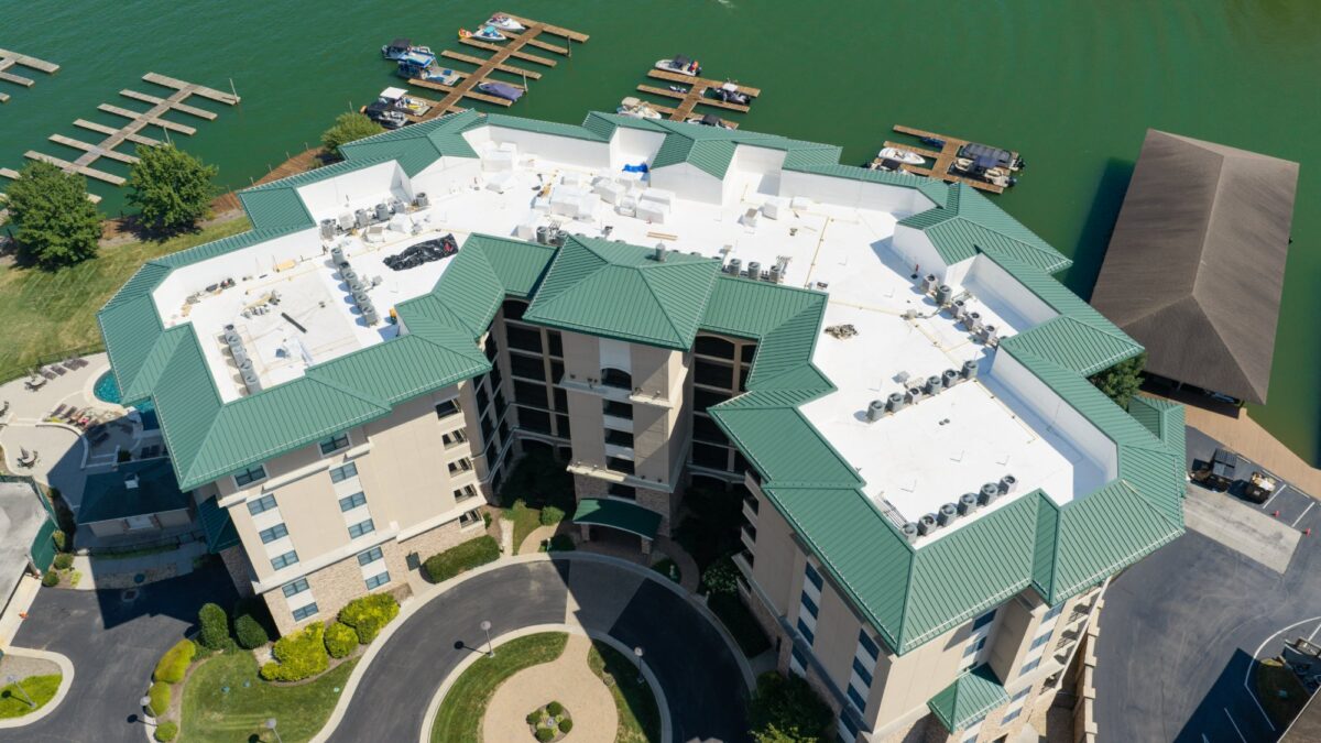 Overhead view of the new 60 mil TPO roof on Bridgewater Pointe in Moneta, VA