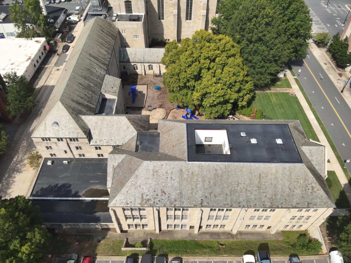 Aerial view of the new Carlisle 90 mil EPDM roof sections at Centenary United Methodist Church in Winston-Salem, NC