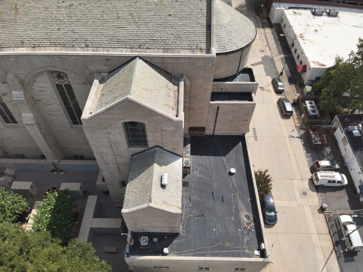 New Carlisle 90 mil EPDM low-slope roof beside the sanctuary at Centenary United Methodist Church in Winston-Salem, NC