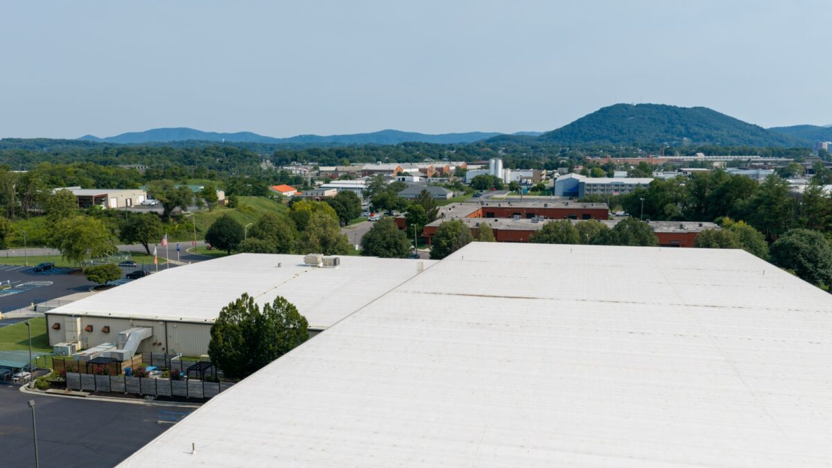 Drone view across the 60 mil TPO roof retrofit at Foot Levelers in Roanoke, VA