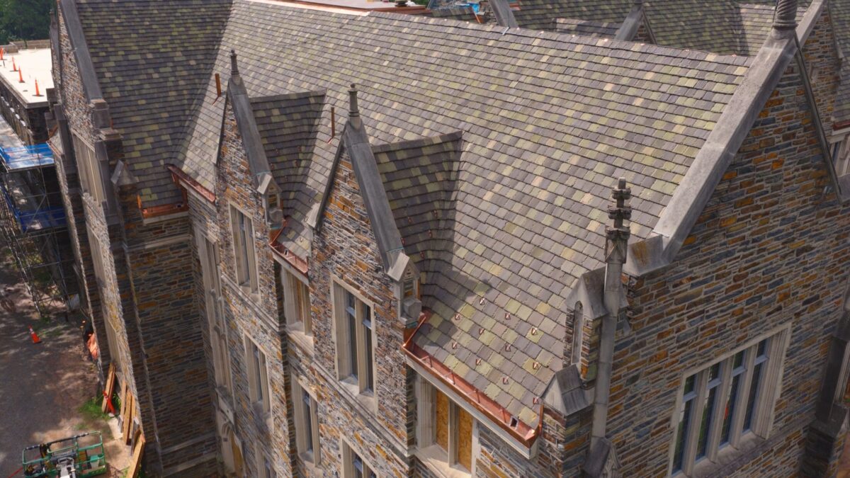 Ludowici clay tile roof with copper gutters and snow guards on the Reuben-Cooke Building at Duke University, Durham, NC