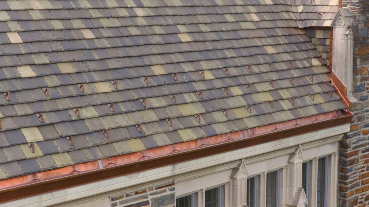 Close-up of Ludowici clay tile, copper snow guards and 24 oz copper gutter on Duke University's Reuben-Cooke Building, Durham, NC