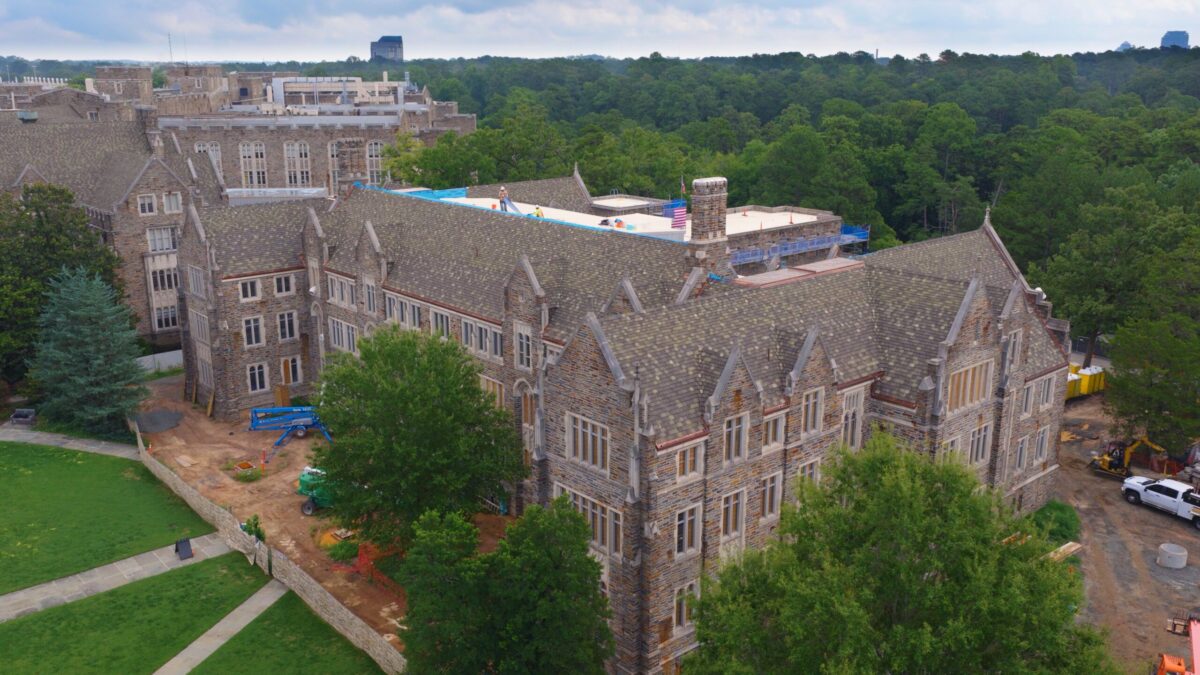 Aerial view of the Reuben-Cooke Building clay tile and copper roof at Duke University in Durham, NC