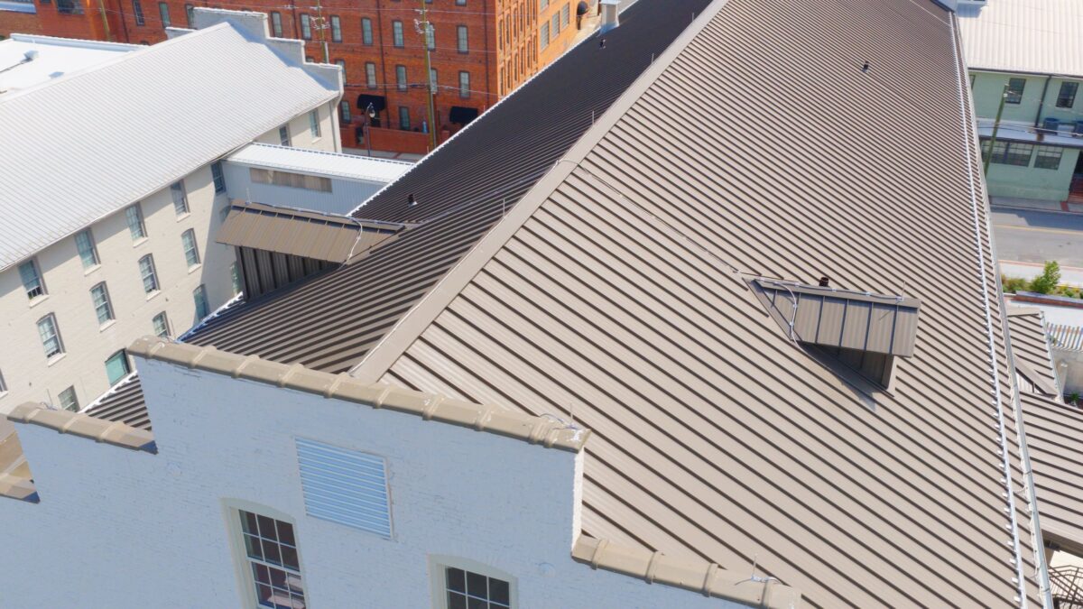Close-up of 16-inch snap-seam metal roof panels on the Sparger Brothers Tobacco Factory in Mount Airy, NC